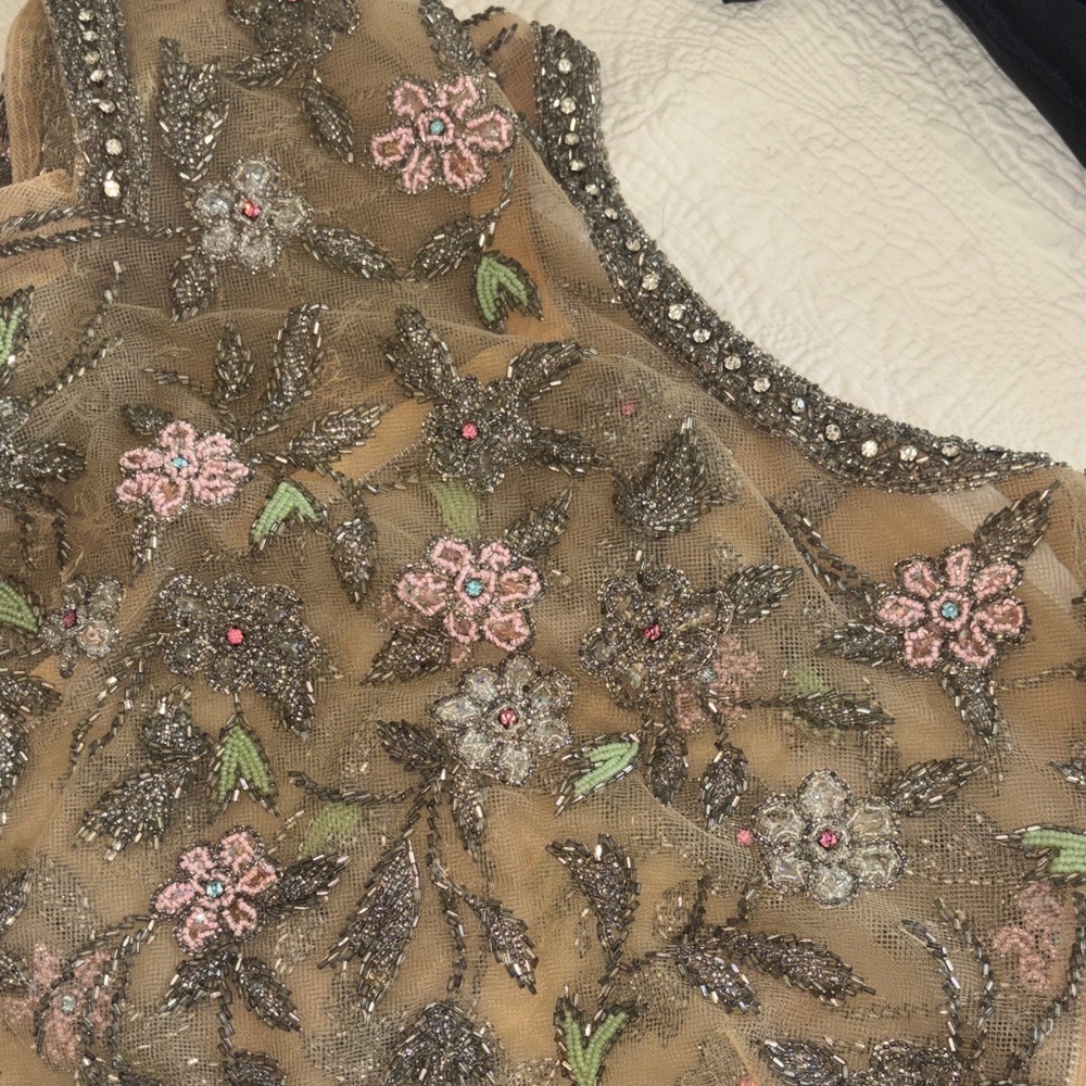 Stunning Vintage handmade Peach Floral with Sheer Beaded Overlay - Picture 9 of 16